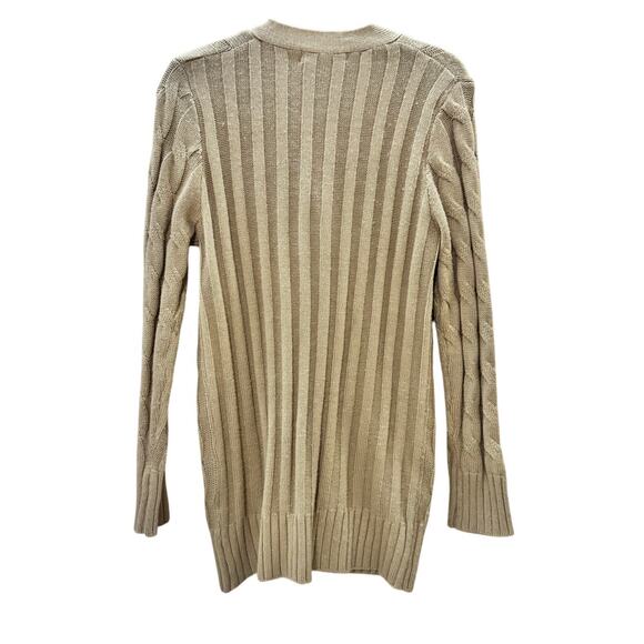 Tan Cable Knit Button Front Cardigan Sweater Longline Pockets Women’s Small - Picture 4 of 4